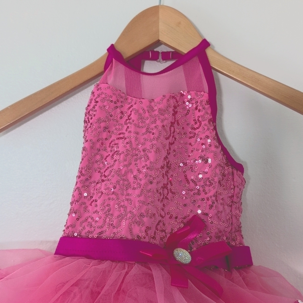 New Weissman Pink Sequin Dance Leotard Costume Ruffled Skirt Halter Top Sz XS - Picture 3 of 9
